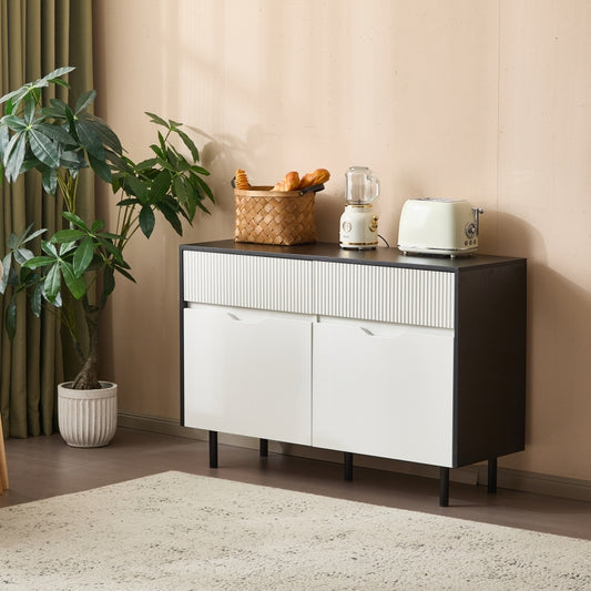 Aufbewahrungsschrank 120cm mit geriffelten Schubladen, schwarz-weißes Design, verstellbare Einlegeböden, 2 Türen, Sideboard-Buffet, Schrank-Organisator für Küche, Wohnzimmer, Esszimmer