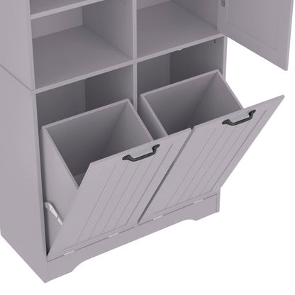 78 x 35 x 172 cm Badezimmerschrank, feuchtigkeitsbeständige Farbe, doppelter Wäschekorb, vier offene Fächer, eine Tür, drei Fächer in der Tür, verstellbare Regale, viel Stauraum, Grau