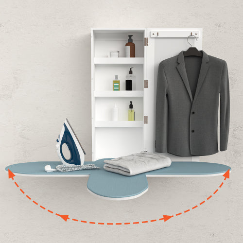 Wand-Bügelschrank mit Spiegel, klappbares Bügelbrett 90° schwenkbar, Bügelstation mit Stauraum & Kleiderhaken