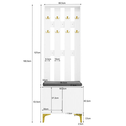 Garderoben-Set mit Schuhschrank & Sitzbank, Wellenfront, Push-to-Open, goldene Details, Weiß