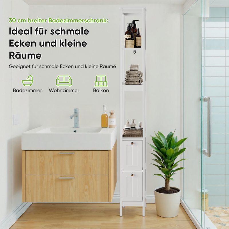 Schmaler Hochschrank, Badezimmerschrank mit 2 Schubladen und 3 Einlegeböden, 20Lx30Bx160Hcm, Weiß