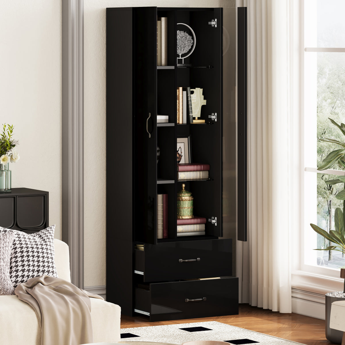 Schwarze LED-Vitrine mit 2 Glastüren - Standvitrine inkl. Beleuchtung, Freistehender Schrank für Wohnzimmer, Buffetschrank & Sammlervitrine, Schwarz