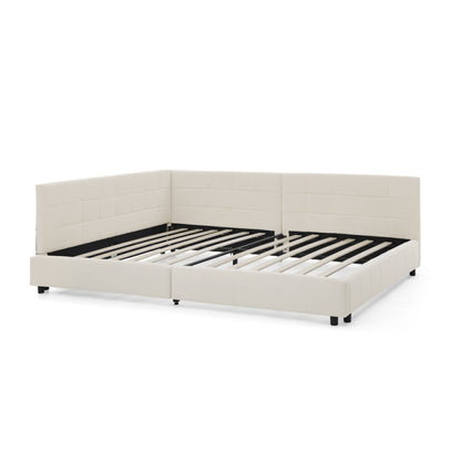 Doppelbett 160x200, weiches hautfreundliches Samt, L-förmiges Eck Bettgestell, robuste Eukalyptus- und Eisenlatten, Beige (ohne Matratze)