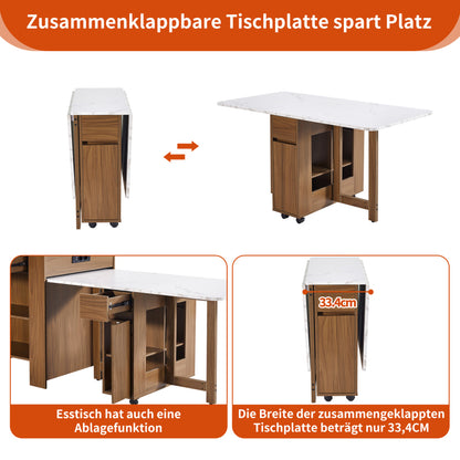 Ausziehbarer Bartisch mit Stauraum(110-124×78×97.5cm), für 2-6 Personen, Kücheninseln mit 2 Schubladen, 2 seitliche offene Regale und eingebaute Steckdose,Tischplatte aus weiß marmoriertem MDF,Braun