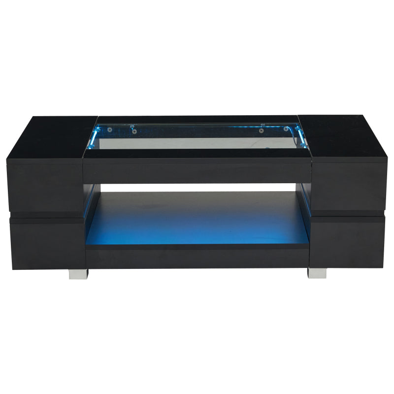 Schwarzer LED-Couchtisch mit Bluetooth-App-Steuerung, doppelschichtiger Hochglanz-Hohldesigntisch, geeignet für Partys, Büros, Wohnzimmer
