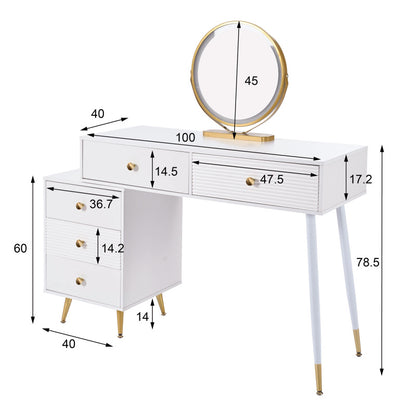 Schminktisch, Kosmetiktisch-Set mit LED-Beleuchtung und Spiegel, mit verstellbarem Seitenschrank und ausziehbarem Design. Maße:B100/H78/T40 cm(ohne Hocker)