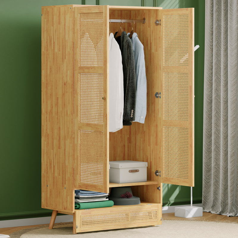 Kleiderschrank mit Stange, 2-türiger Kleiderschrank, Schlafzimmer, Rattannetz, Wohnzimmer, mit unterem Flip-Top-Deckel, Spanplatten+PE-Rattan, Natur