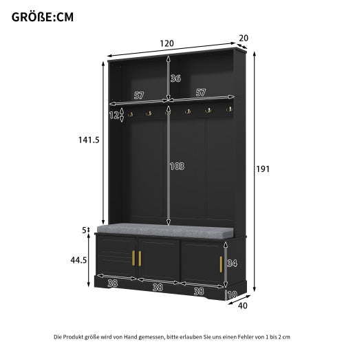 Garderobenständer mit  Schuhbank, Garderobe,  6 Dreifach-Haken,freistehend, platzsparend, für Eingangsbereich,Flur, Schwarz