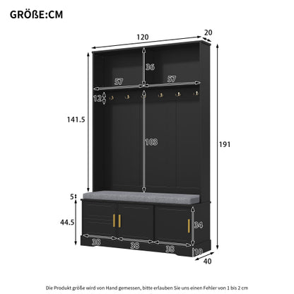 Garderobenständer mit  Schuhbank, Garderobe,  6 Dreifach-Haken,freistehend, platzsparend, für Eingangsbereich,Flur, Schwarz