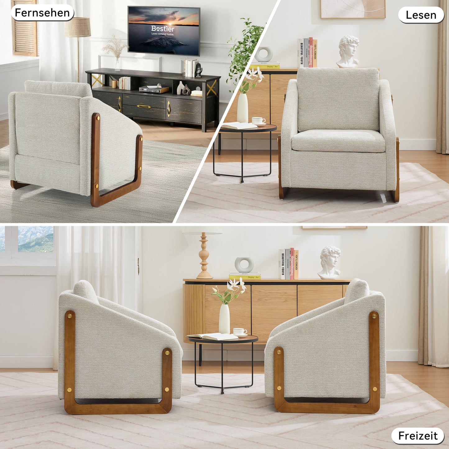 Sessel, Akzentstuhl für Wohnzimmer, Loungesessel, moderner Stuhl mit Armlehne aus Holz, mit Rückenkissen, beiger