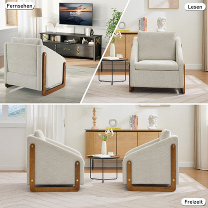 Sessel, Akzentstuhl für Wohnzimmer, Loungesessel, moderner Stuhl mit Armlehne aus Holz, mit Rückenkissen, beiger