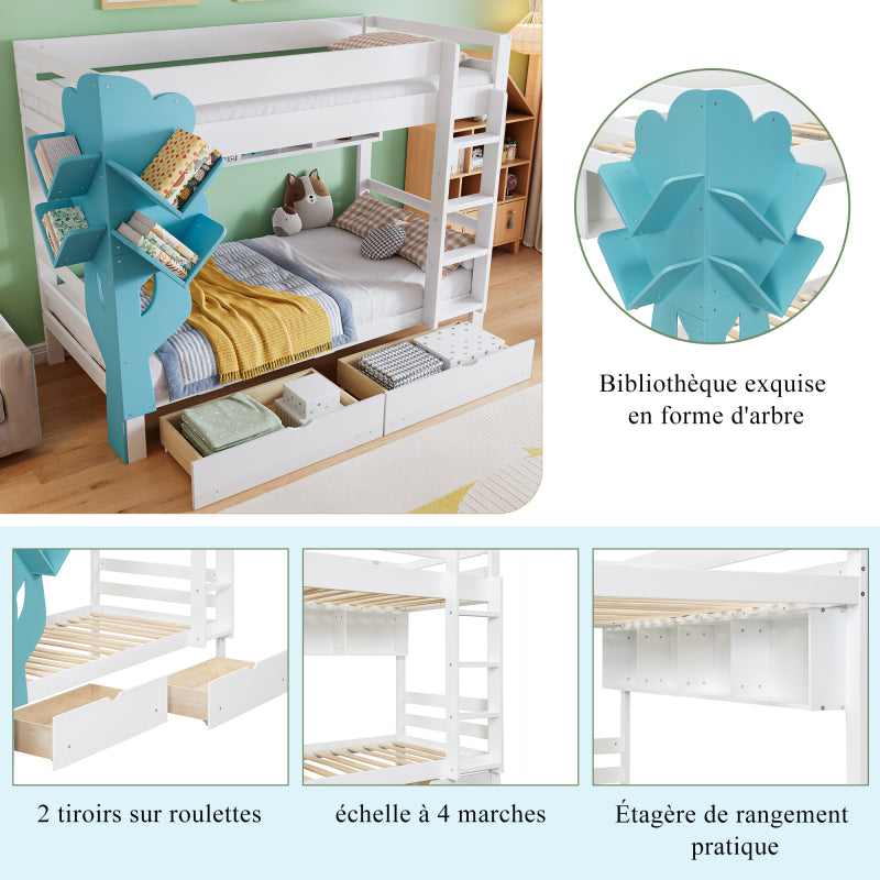 Etagenbett, Kreatives Kinderbett, Bücherregal in Baumform, Offenes Regal, Zwei Schubladen mit Rollen, Mit Fallschutzgitter, Reichlich Stauraum, Kiefer+MDF, Weiß+Blau, 90x200cm
