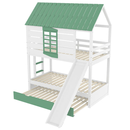 90X200 Haus-Etagenbett mit Rutsche und Ausziehbett, Weiß+Grün