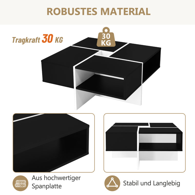 Moderner quadratischer Couchtisch 70x70x35cm - Schwarz-weißes Design, 5 offene Fächer, mittleres Ablagefach 10x10cm, Belastbarkeit 30KG, schwarzer quadratischer Couchtisch