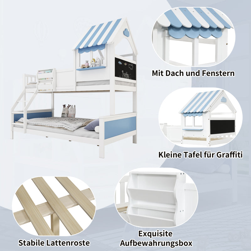 Etagenbett, Kinderbett, mit Stauraumkasten, mit dreistufiger Schrägleiter, einzigartige Fensterform, Graffiti-Tafel an der Seite, Kiefer + MDF, weiß + blau, 90x200cm & 120x200cm
