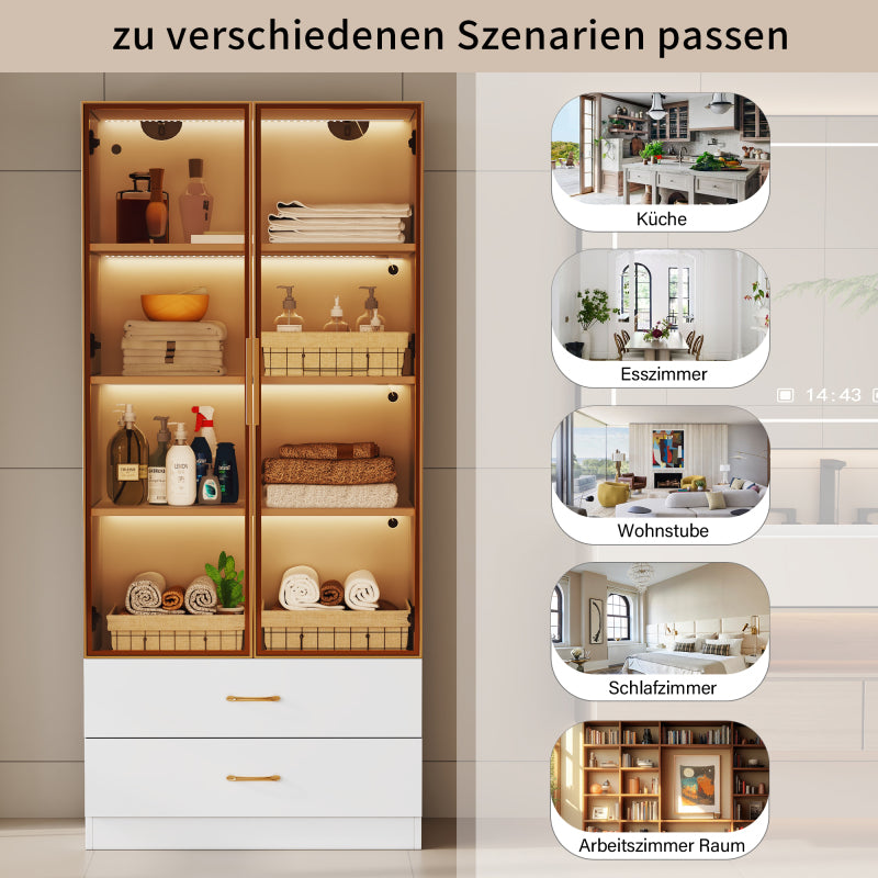 Badezimmerschrank, mittel, mit Lichtleiste, 75 cm breit, mit 2 großen Schubladen und 2 Türen, Glastür