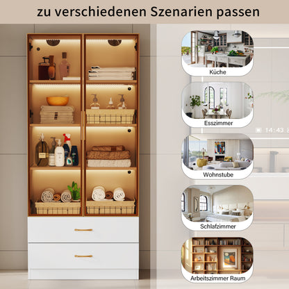 Badezimmerschrank, mittel, mit Lichtleiste, 75 cm breit, mit 2 großen Schubladen und 2 Türen, Glastür