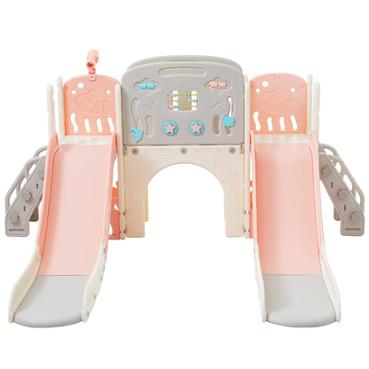 Kinderspielplatz-Set 8-in-1, Freistehendes Meerestier-Motiv-Set mit Rutsche, Bogentunnel, Basketballkorb und Teleskop, Doppelte Rutschen für Kleinkinder, Klettergerüst für Kinder