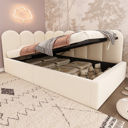 Polsterbett Daybett 90x200 cm,Tagesbett Schlafsofa mit hydraulischem Stauraum, Kinderbett mit Metall-Lattenrost, Samt, Beige, ohne Matratze