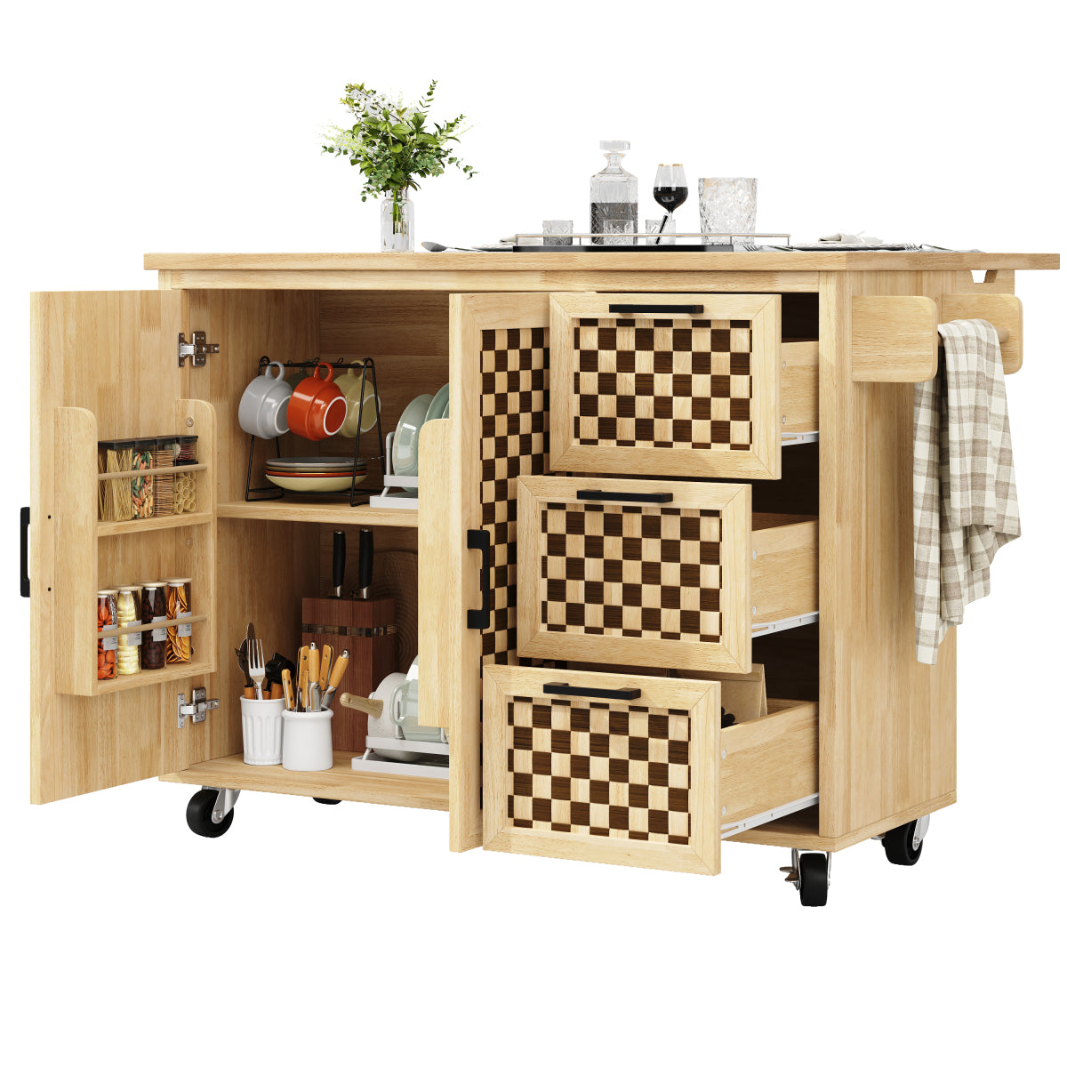 Kücheninsel 120x75cm klappbar Servicewagen mit Rollen, Buffetschrank Natur Holzoptik, Schachbrettmuster, 3 Schubladen & Handtuchhalter