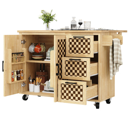 Kücheninsel 120x75cm klappbar Servicewagen mit Rollen, Buffetschrank Natur Holzoptik, Schachbrettmuster, 3 Schubladen & Handtuchhalter