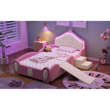 Polsterbett, Crown Cartoon Bett, Mit Multi-Mode-LED-Streifen, Kinderbett mit kleiner Rutsche und Treppe, mit schützenden weichen Kanten, mit Holzlatten, PU, Rosa + Beige, 90x200cm