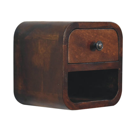 Schwebender Mini-Nachttisch aus Massivholz – Kastanienbraun, 1 Schublade & offenes Fach, Wandmontage, Handgefertigt, 20x17x20 cm