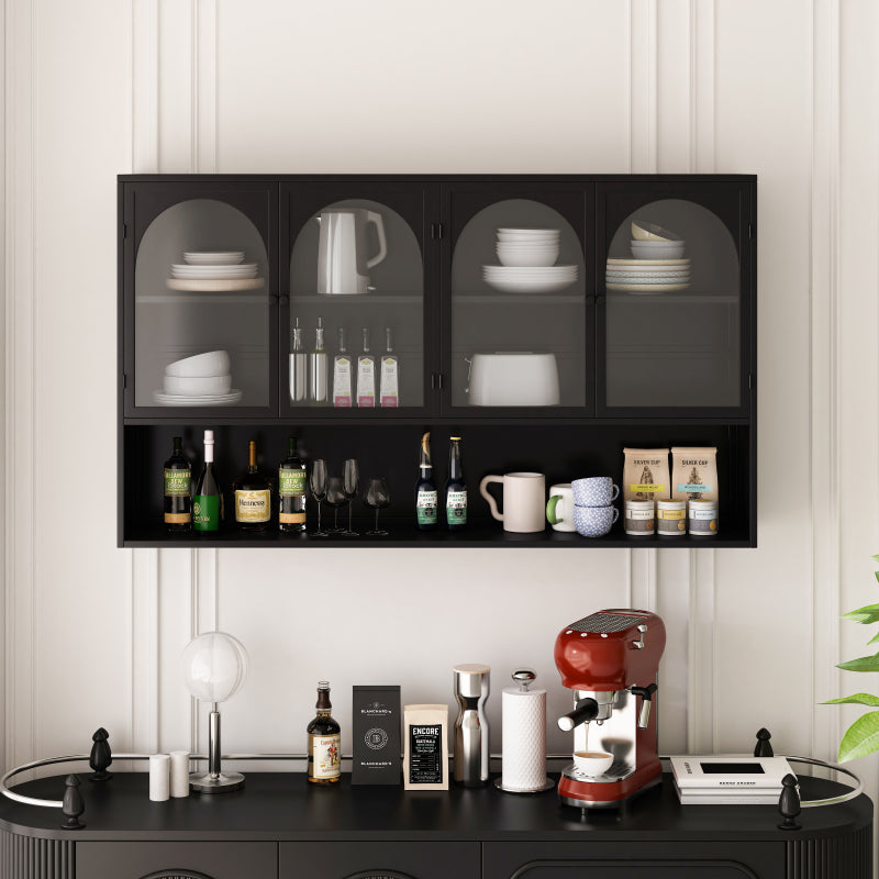 120CM Four-door Glass Wall Cabinet Storage, Wall-mounted,Suitable for Kitchen, Living Room, Bathroom(Black)