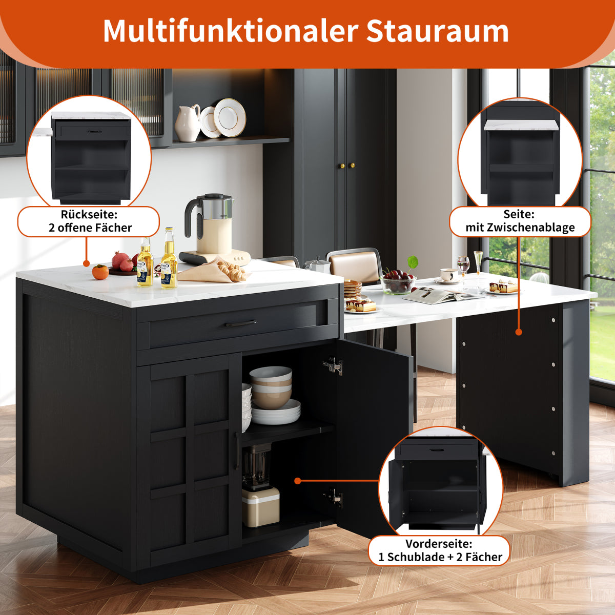 Bartisch ausziehbar 133-202cm, Kücheninsel mit Marmor-Optik & Stauraum, Esstisch für 2-6 Personen, Küchenwagen mit Schubladen & Regalen, Schwarz