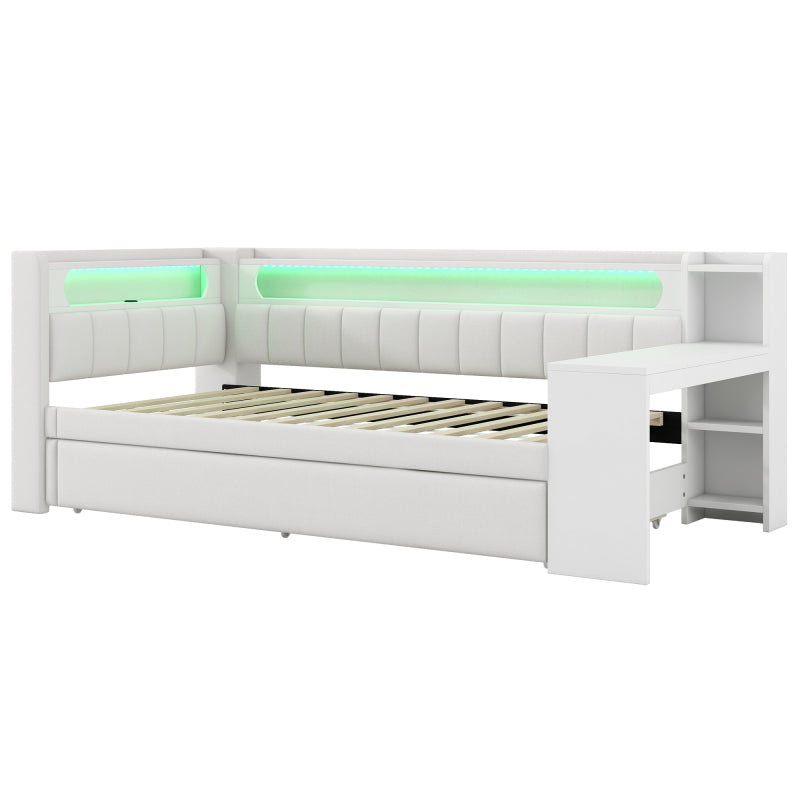 Gepolstertes 90x200 Tagesbett mit USB-Anschlüssen und LED-Gürtel, mit Ausziehbett und Schreibtisch, Weiß