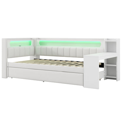 Gepolstertes 90x200 Tagesbett mit USB-Anschlüssen und LED-Gürtel, mit Ausziehbett und Schreibtisch, Weiß