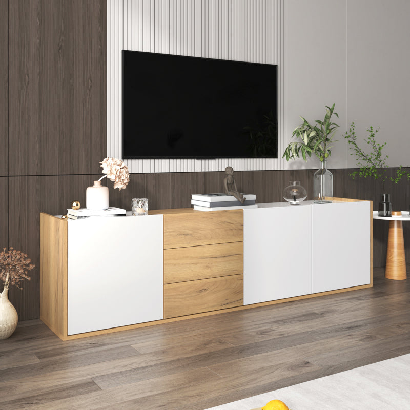 TV-Schrank, niedriges Paneel in Weiß und Holzfarben, TV-Möbel, die an die Wand gehängt oder auf den Boden gestellt werden können