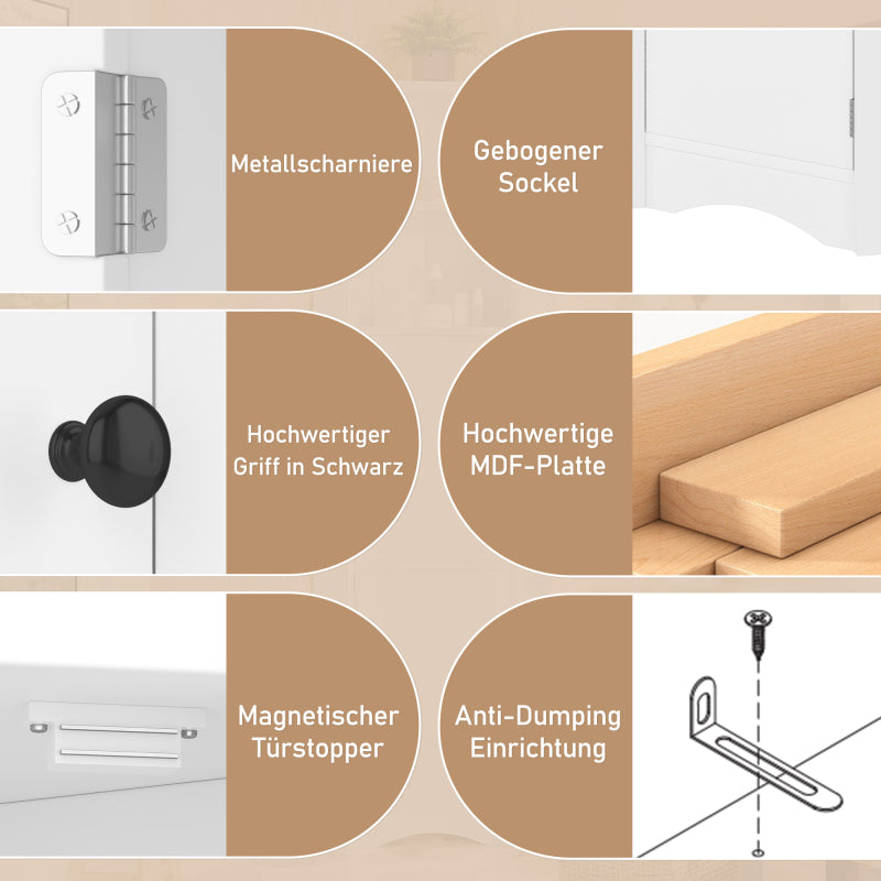 Dreieckiger Badezimmerschrank, feuchtigkeitsbeständiger Lack, zwei offene Ablagefächer, zwei Schranktüren, verstellbare Trennwände, einfache Form, weiß