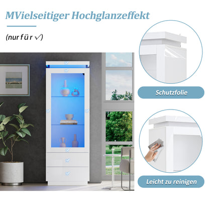 Weiß Hochglanz Vitrine 60x40x171cm mit App-LED & 2 Schubladen, Glasvitrine Hochschrank mit Acryltür, Standregal Wohnzimmerschrank