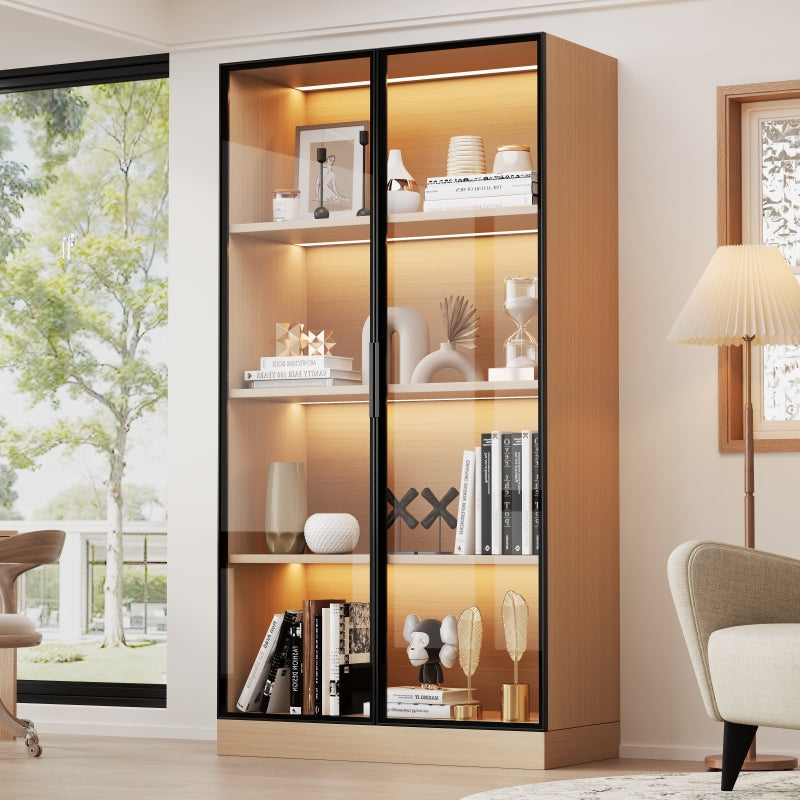 Glasvitrine, Eiche-Optik, 70×40×160 cm: LED-beleuchteter Vitrinenschrank mit gehärtetem Glas und Einlegeböden, ideal für Sammlungen, Bücher und Wein.