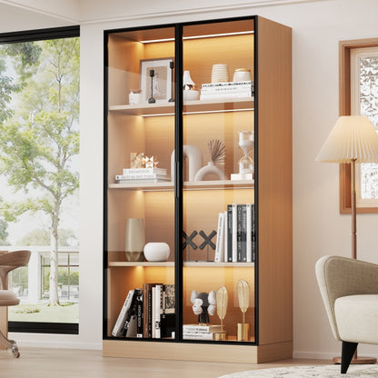 Glasvitrine, Eiche-Optik, 70×40×160 cm: LED-beleuchteter Vitrinenschrank mit gehärtetem Glas und Einlegeböden, ideal für Sammlungen, Bücher und Wein.