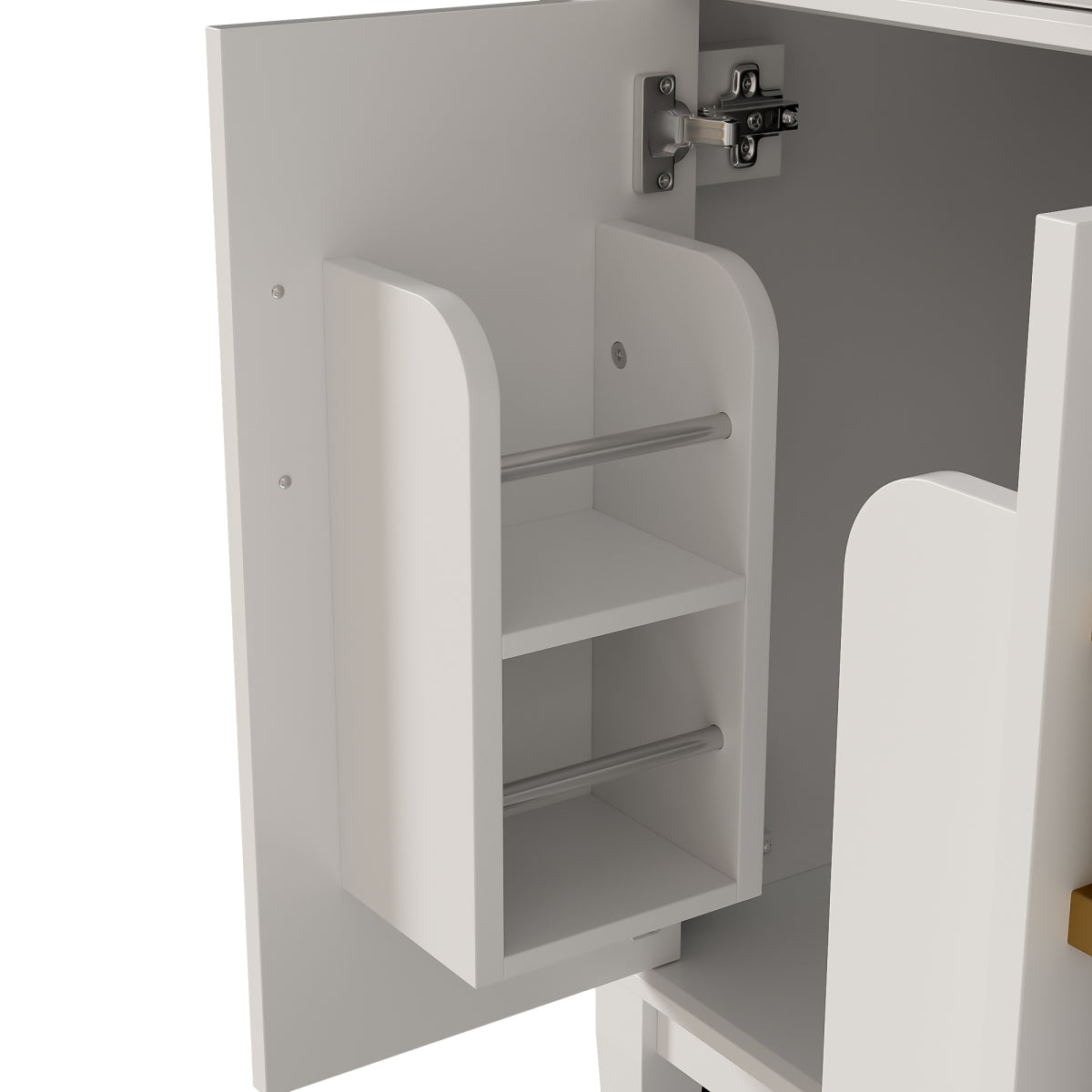 Badezimmer-Unterschrank 90×46×87 cm, weiß lackiert, Keramikwaschbecken, leise Schubladendämpfung, Massivholzbeine, viel Stauraum, goldene Griffe