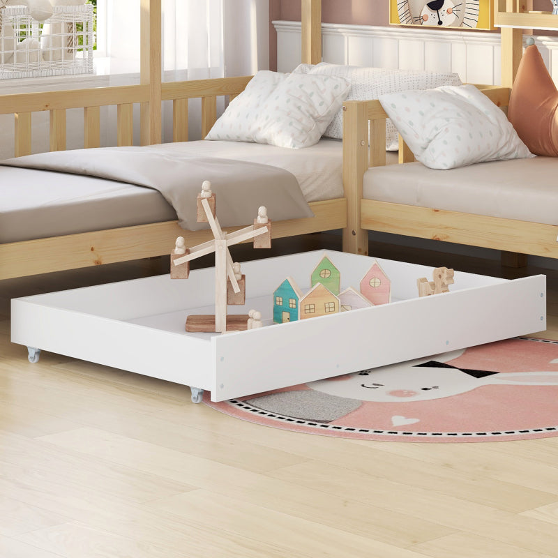 Kinderbett Hausbett mit Schubladen und Regalen, Massivholz mit Zaun und Lattenrost, L-Struktur, Natur (90x200 cm+140x70cm)