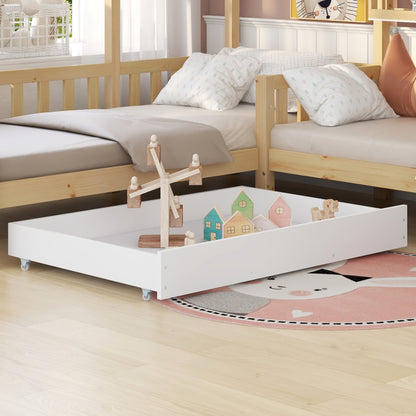 Kinderbett Hausbett mit Schubladen und Regalen, Massivholz mit Zaun und Lattenrost, L-Struktur, Natur (90x200 cm+140x70cm)