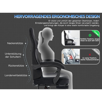 Gaming Stuhl Stoff, Ergonomischer Gaming Chair mit Fußstütze, Verstellbarer Racing Computerstuhl mit Lordosenstütze, Schwarz Ergonomisch PC-Stuhl
