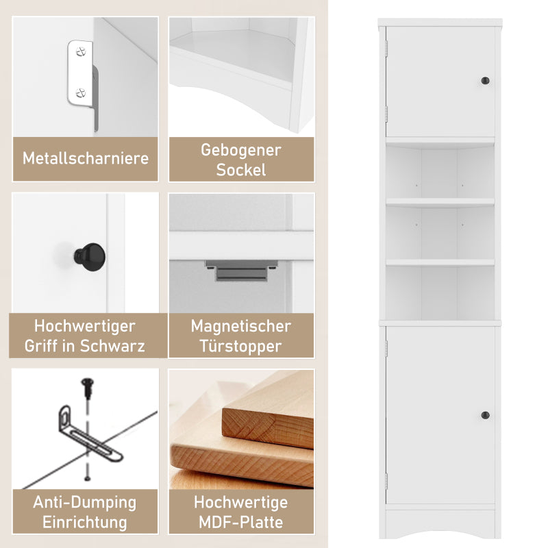 36.5 x 24.5 x 170cmDreieckiger Badezimmerschrank, feuchtigkeitsbeständiger Lack, drei offene Ablagefächer, Doppeltüren, verstellbare Einlegeböden, platzsparend, weiß