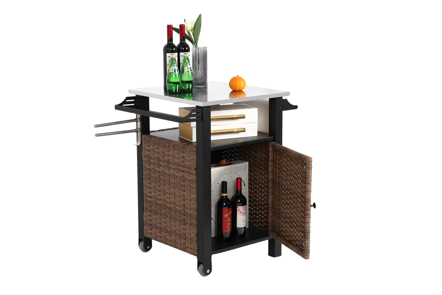 Single door bar cart,Outdoor Kitchen Wicker Island Rolling Cart & Storage Cabinet, Wheels and Stainless Steel Extended Table Top, Side Handle for Patio Kitchen or Bar Cart, Brown