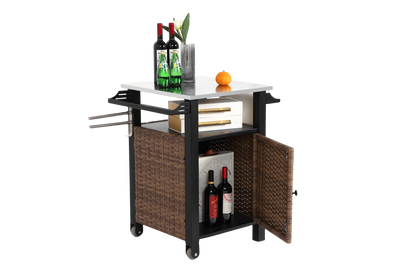 Single door bar cart,Outdoor Kitchen Wicker Island Rolling Cart & Storage Cabinet, Wheels and Stainless Steel Extended Table Top, Side Handle for Patio Kitchen or Bar Cart, Brown