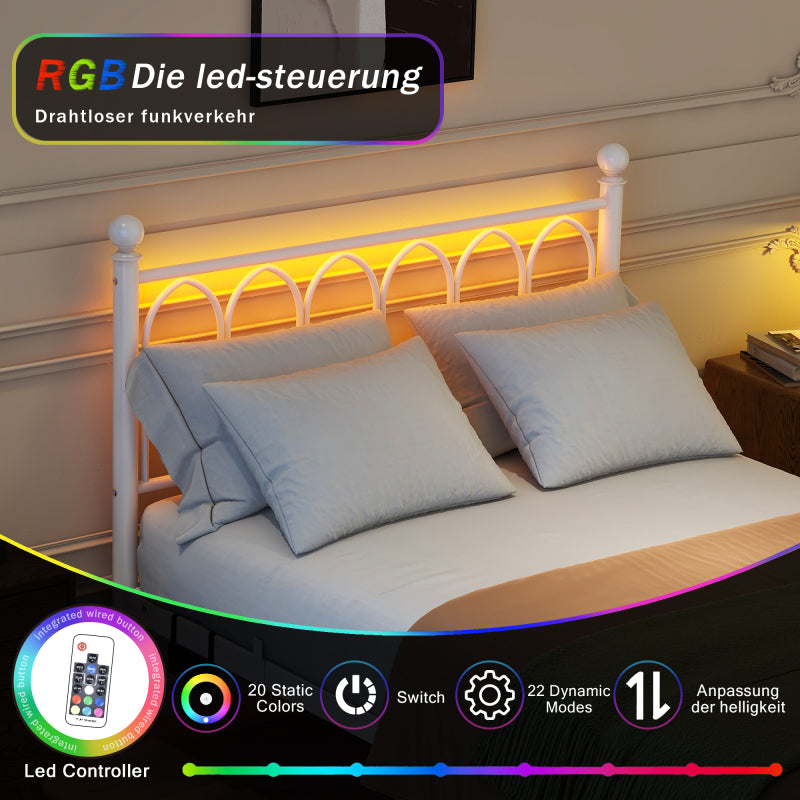 120x200cm Metall-Bettrahmen mit Vintage Kopf und Fußplatte, USB-Ladestation, LED-Bettrahmen, Heavy Duty Stahl Slat Unterstützung, Reichweite Unterbett-Speicher, Keine Box-Feder erforderlich, Weiß