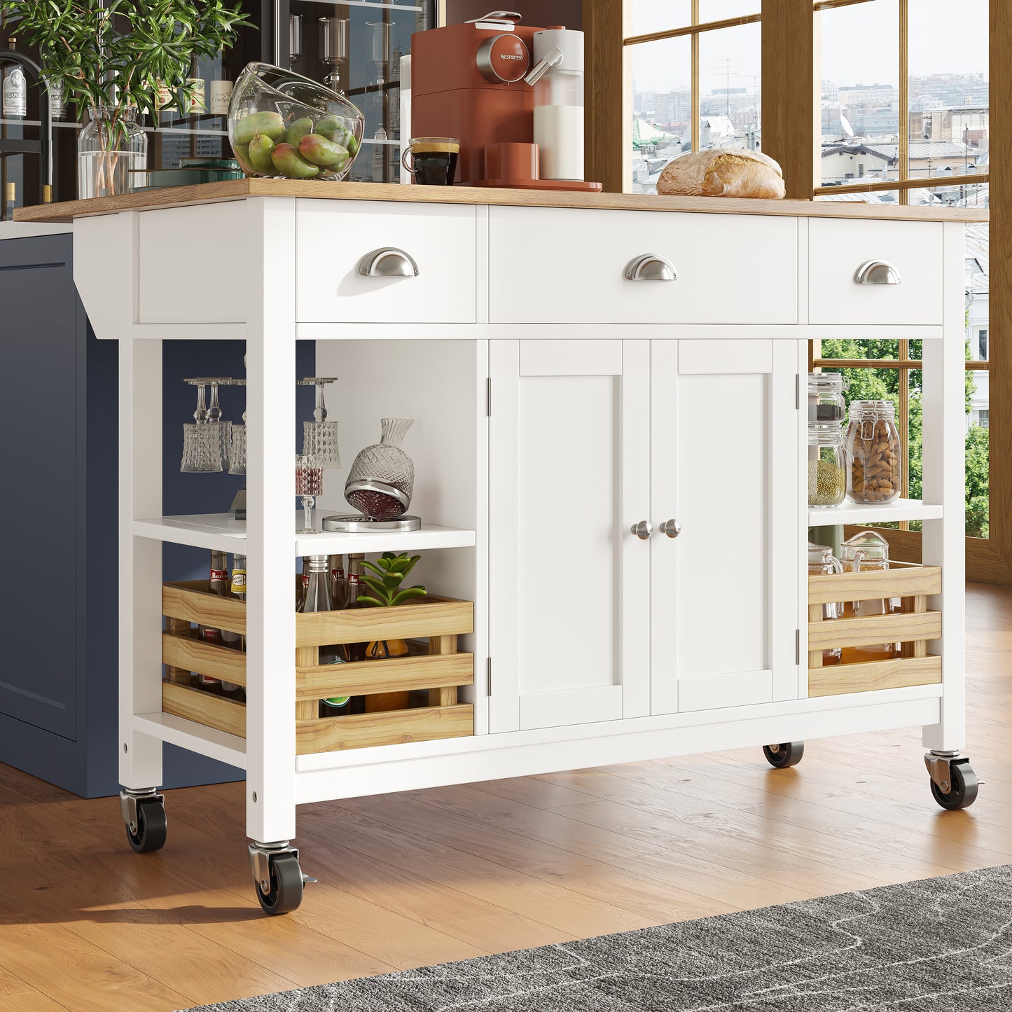 Moderne Kücheninsel Küchenschrank 120x45x90cm Esszimmerwagen mit Kiefernkorb Multifunktions Esstisch Holzmaserung Aufbewahrungskorb Weiß