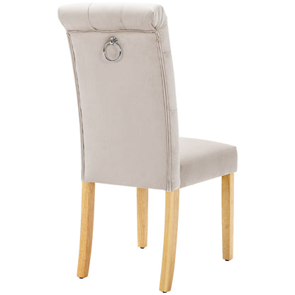 Samt Esszimmerstühle 2er Set mit Eichenbeinen, Knopf, Beige