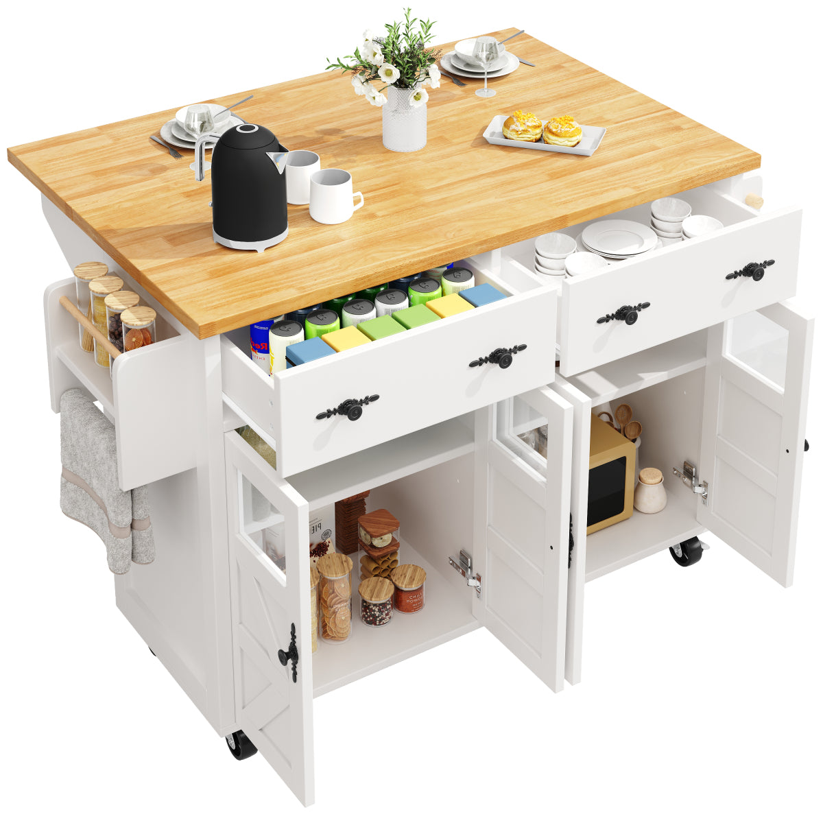 Kücheninsel mit Rollen & Glastüren, klappbare Arbeitsplatte, mobiler Servierwagen mit Schublade & Regal, Küchenwagen Weiß & Holzoptik