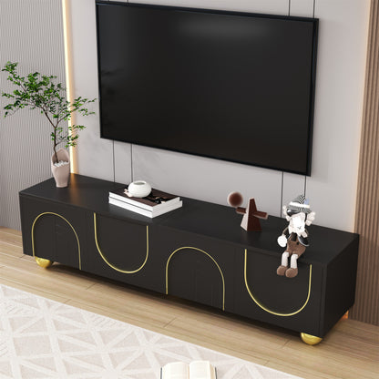 TV-Schrank, lowboard mit strukturierten Türen, goldenen Verzierungen, goldenen runden Beinen, inklusive Einlegeböden, push-to-open