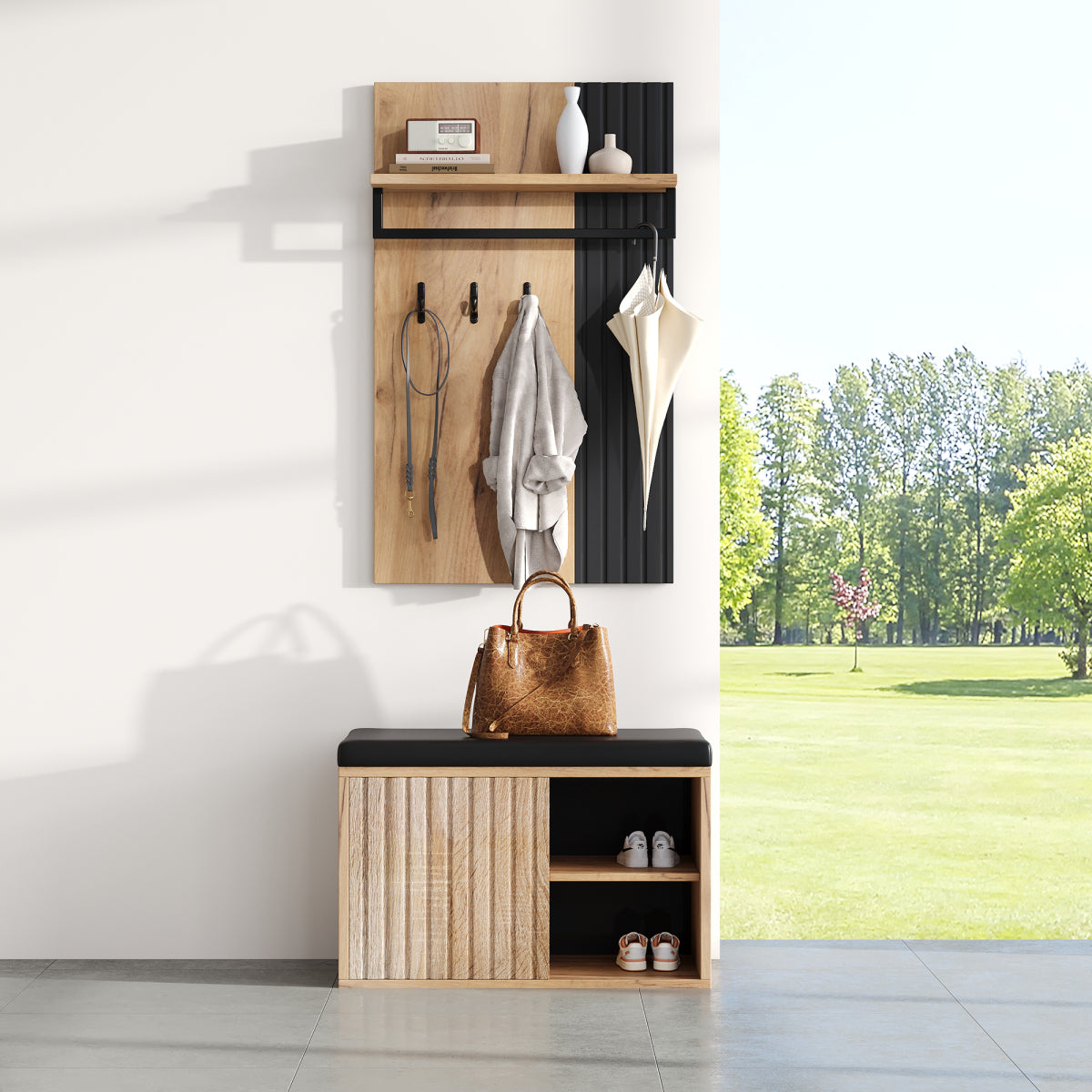 Schuhbank mit Garderobe & 3 Haken, Schuhschrank mit 2 Türen und Sitzbank, Flurmöbel aus Spanplatte, Schwarz/Natur, B70×T36×H146 cm