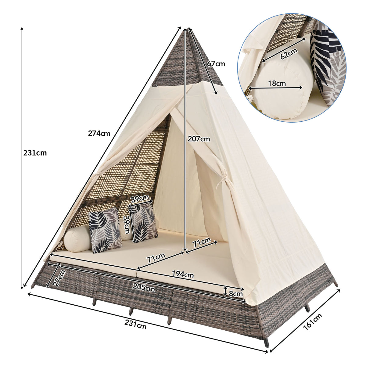 Gartenlounge-Set, Rattanzelt, geeignet für 2–4 Personen, inklusive aller Sitzkissen und Kissen, graues Rattan, beiger Türvorhang, Sitzkissen mit Reißverschluss, daher abnehmbar und waschbar